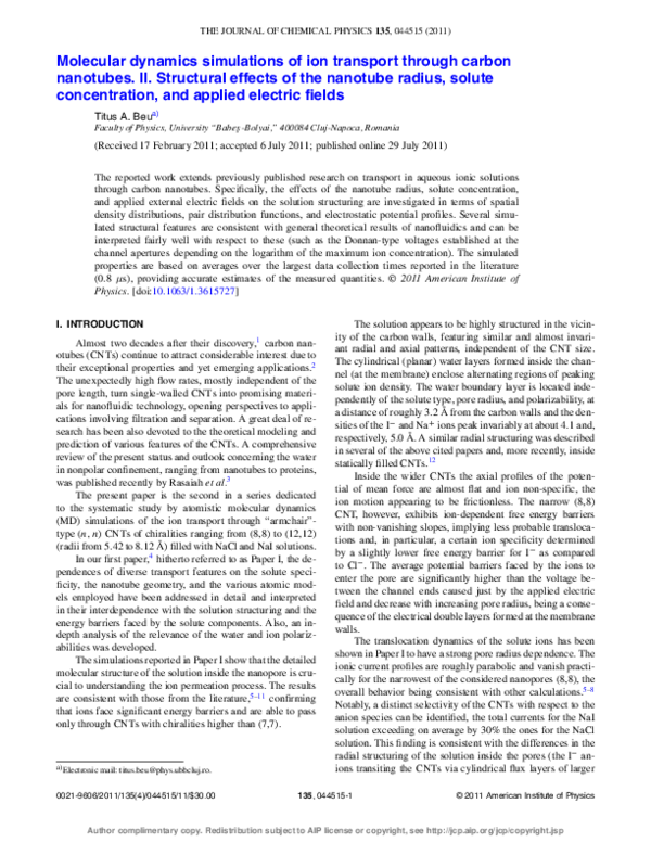 (PDF) Molecular Dynamics Simulations of Ion Transport and Mechanisms in ...