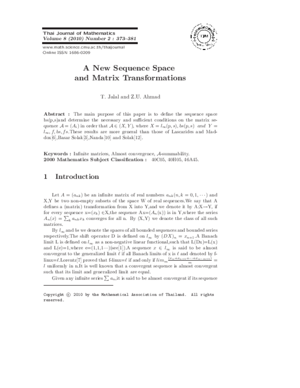 (PDF) A New Sequence Space and Matrix Transformations