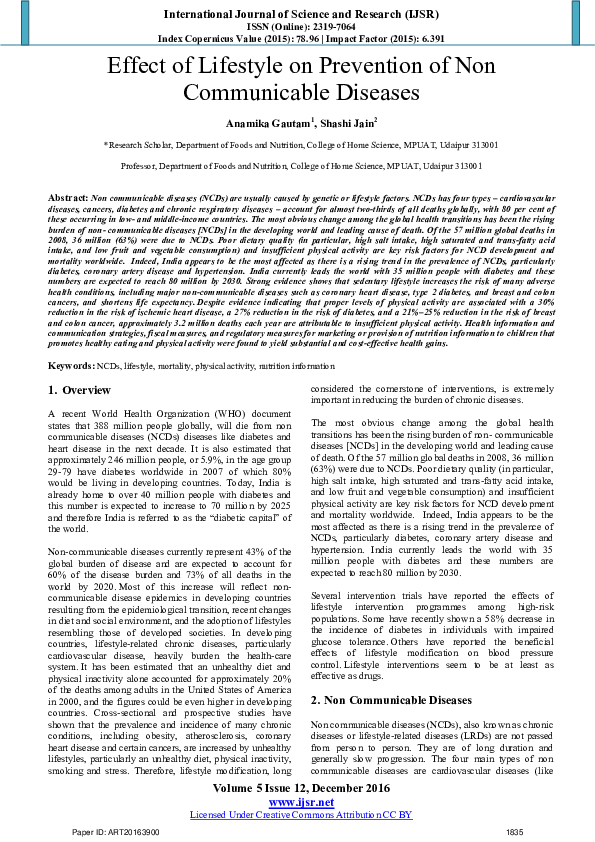 (PDF) Effect of Lifestyle on Prevention of Non Communicable Diseases