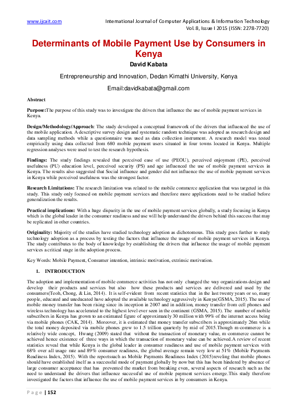 (PDF) Determinants of Mobile Payment Use by Consumers in Kenya