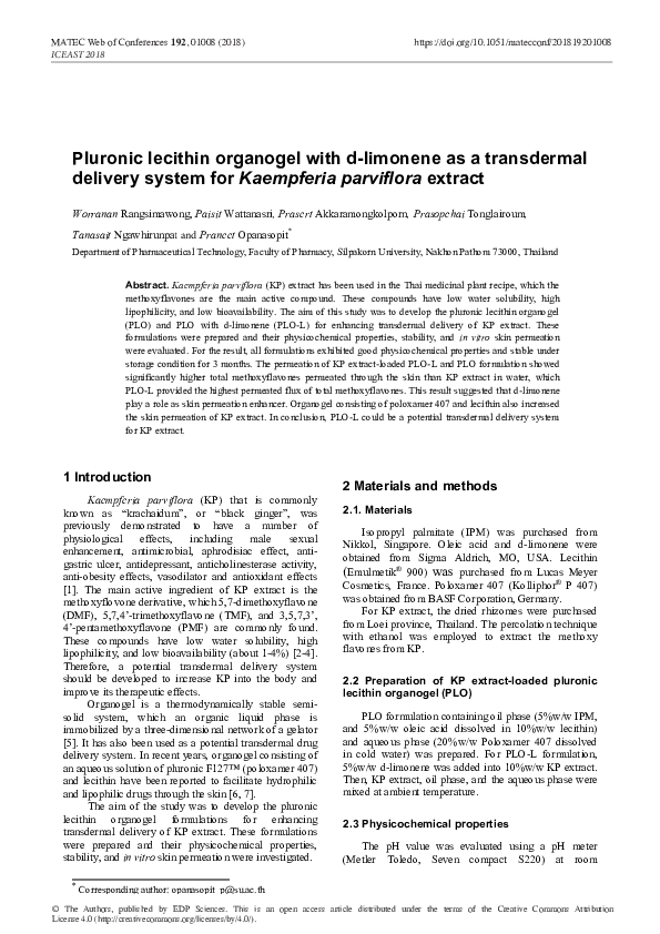 (PDF) Pluronic lecithin organogel with dlimonene as a transdermal