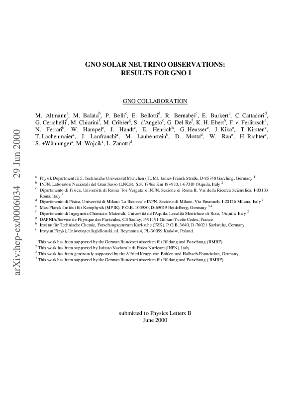 (PDF) Ju n 20 00 GNO SOLAR NEUTRINO OBSERVATIONS : RESULTS FOR GNO I ...
