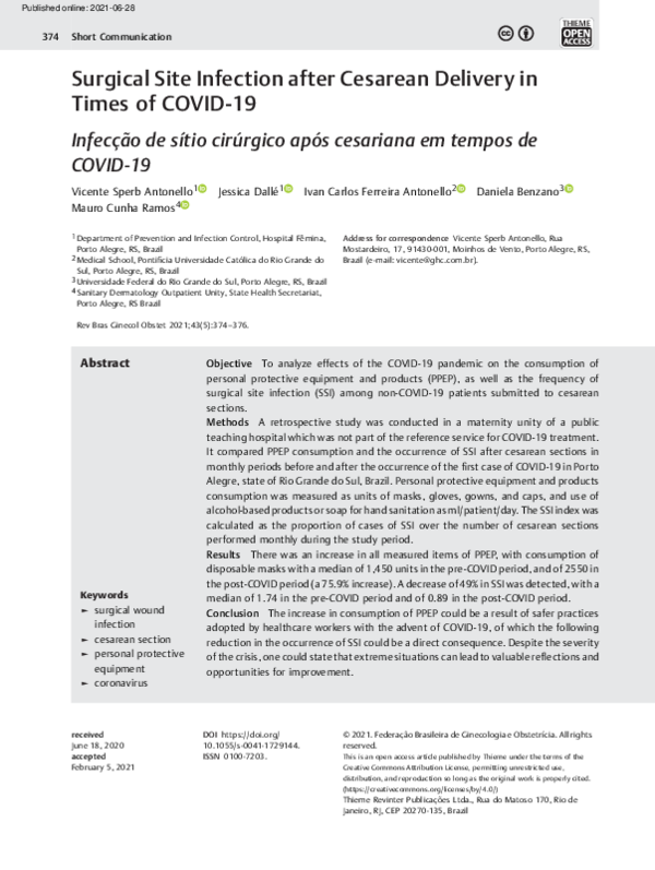 (PDF) Surgical Site Infection after Cesarean Delivery in Times of COVID-19