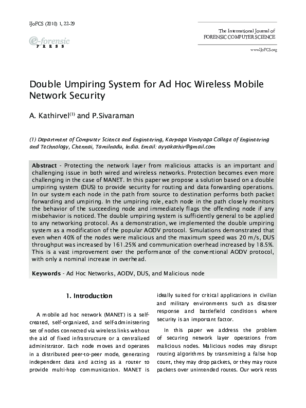 (PDF) Double Umpiring System for Ad Hoc Wireless Mobile Network Security