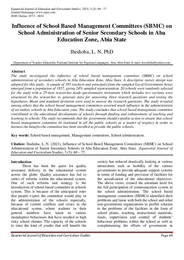 (PDF) Influence of School Based Management Committees (SBMC) on School ...