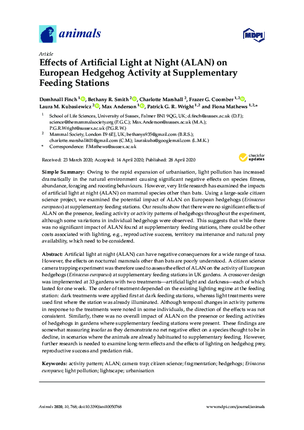 (PDF) Effects of Artificial Light at Night (ALAN) on European Hedgehog ...