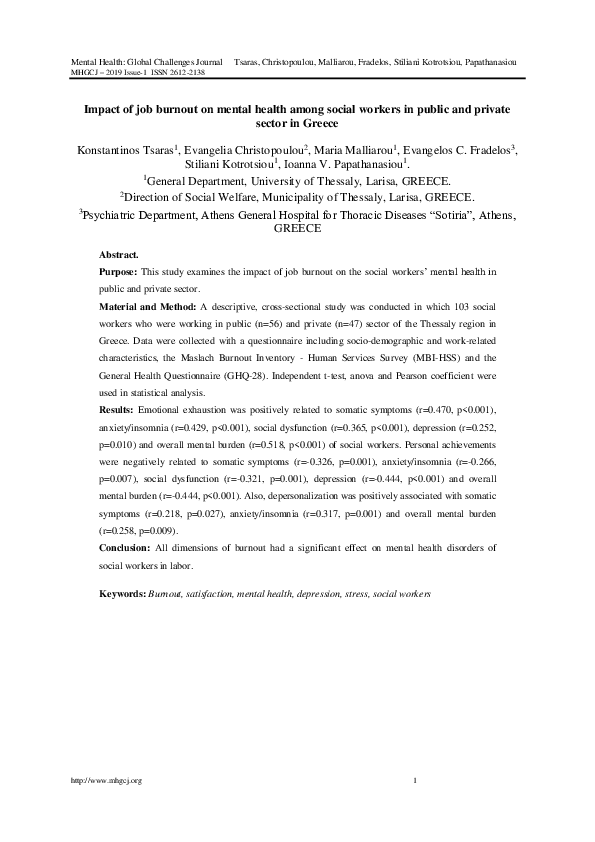(PDF) Impact of job burnout on mental health among social workers in ...