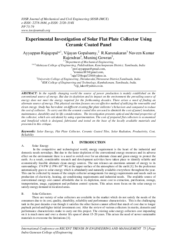 (PDF) Experimental Investigation of Solar Flat Plate Collector Using ...