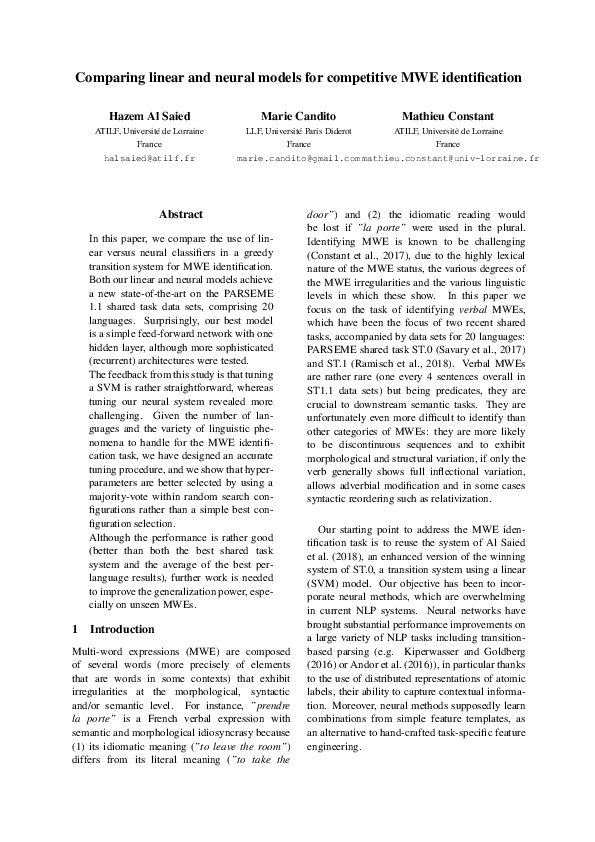 (PDF) Comparing linear and neural models for competitive MWE identification