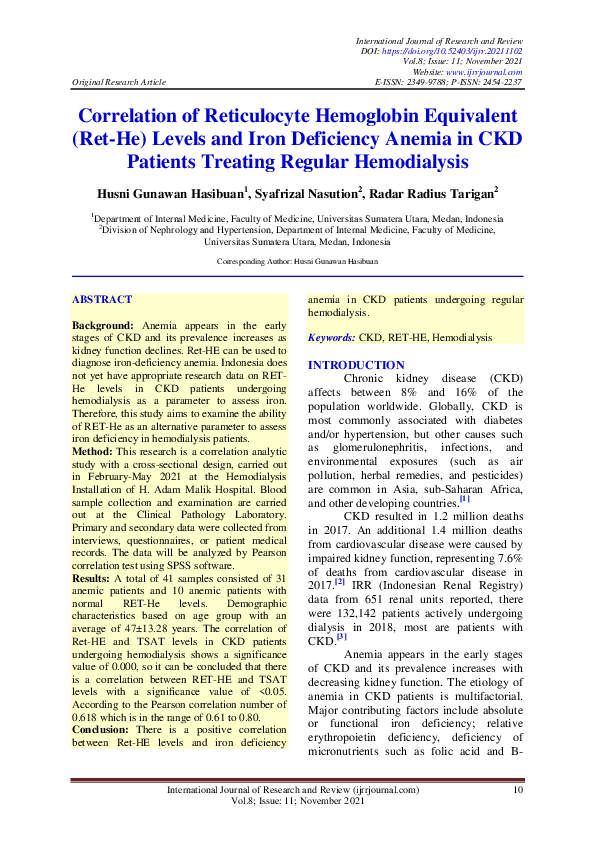 (PDF) Correlation of Reticulocyte Hemoglobin Equivalent (Ret-He) Levels ...