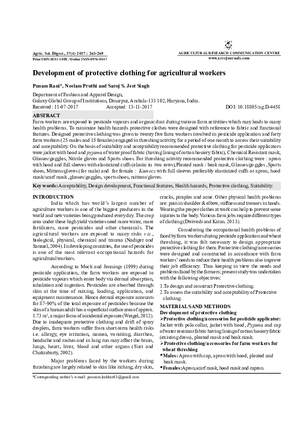 (PDF) Development of protective clothing for agricultural workers