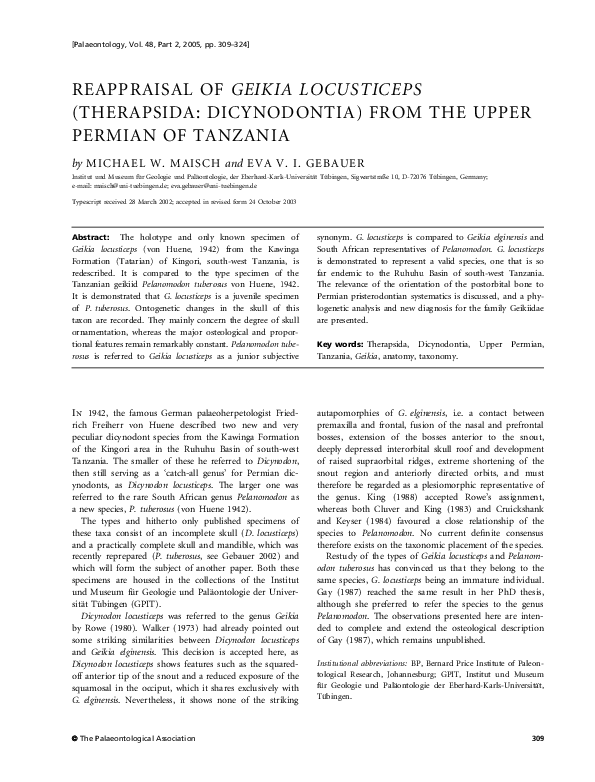 (PDF) Reappraisal of Geikia Locusticeps (Therapsida: Dicynodontia) from ...