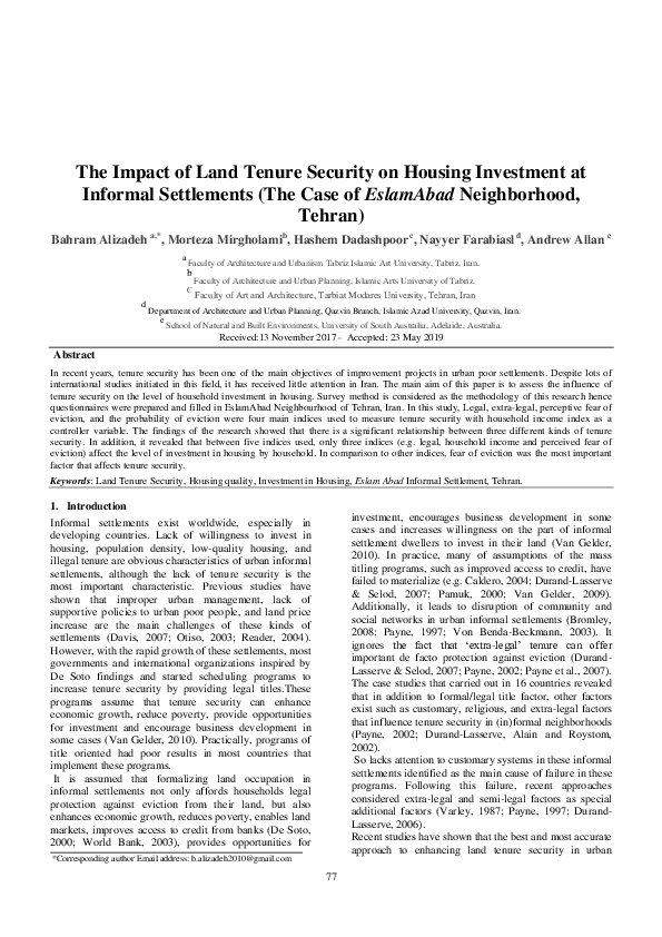 (PDF) The Impact of Land Tenure Security on Housing Investment at ...