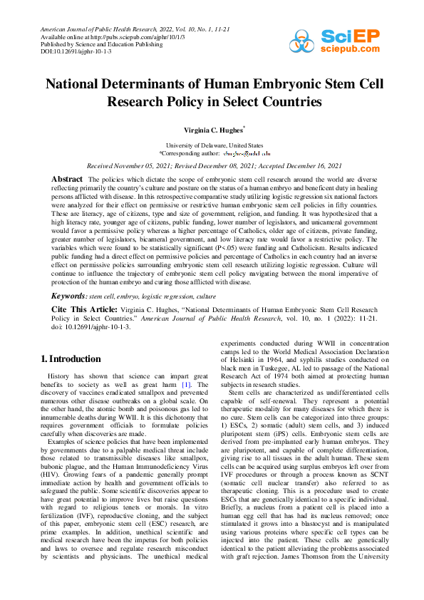 (PDF) National Determinants of Human Embryonic Stem Cell Research ...
