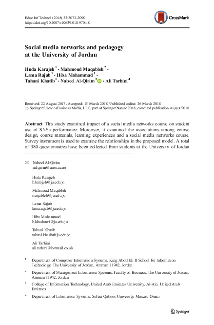 (PDF) Social media networks and pedagogy at the University of Jordan