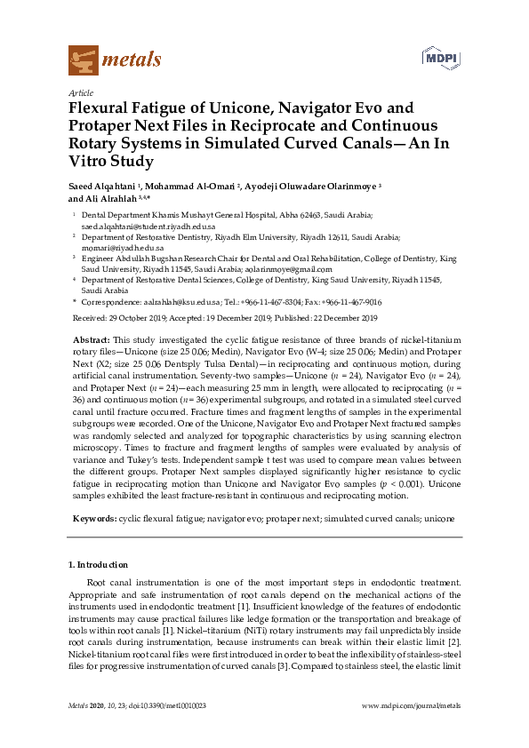 (PDF) Flexural Fatigue of Unicone, Navigator Evo and Protaper Next ...