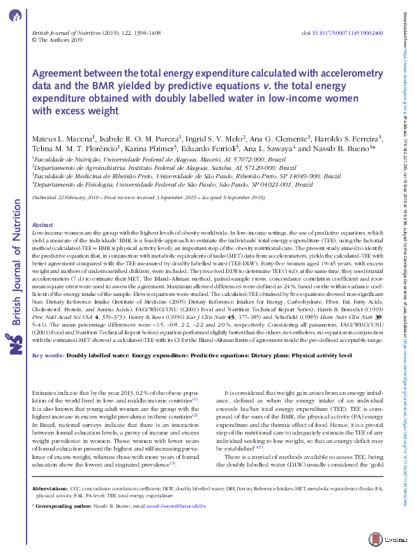 (PDF) Agreement between the total energy expenditure calculated with ...