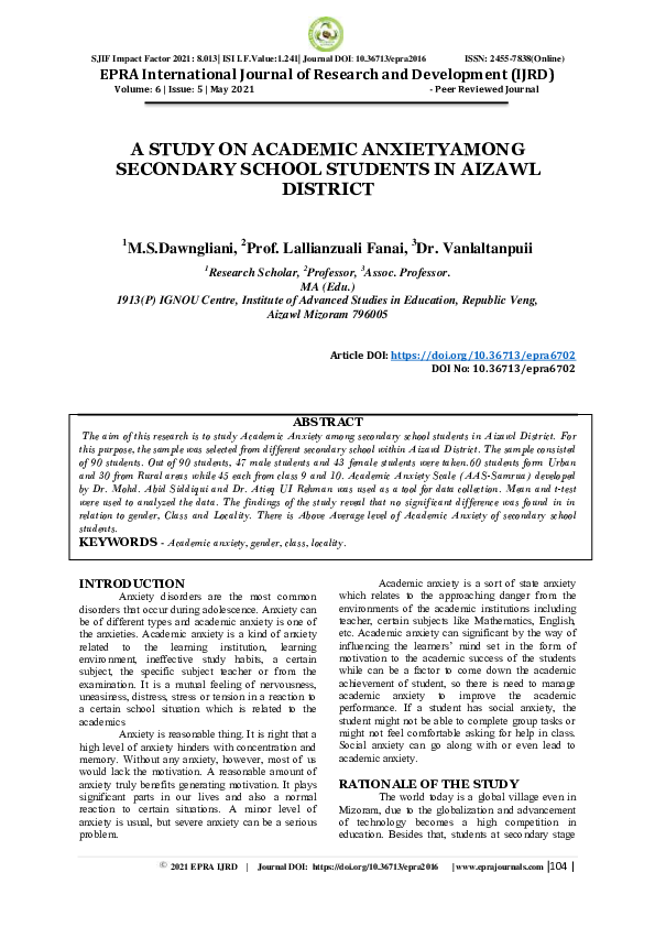 (PDF) A Study on Academic Anxietyamong Secondary School Students in ...