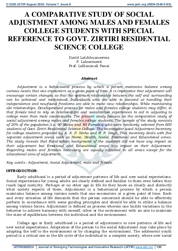 (PDF) A Comparative Study of Social Adjustment Among Males and Females ...