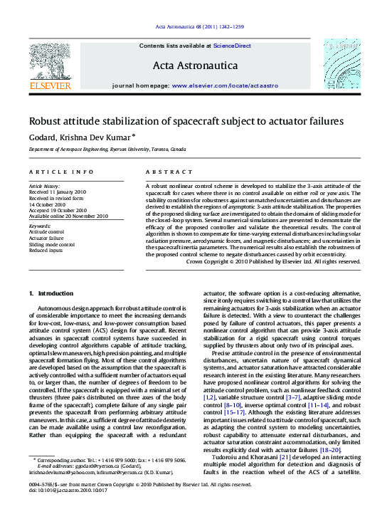 (PDF) Robust attitude stabilization of spacecraft subject to actuator ...