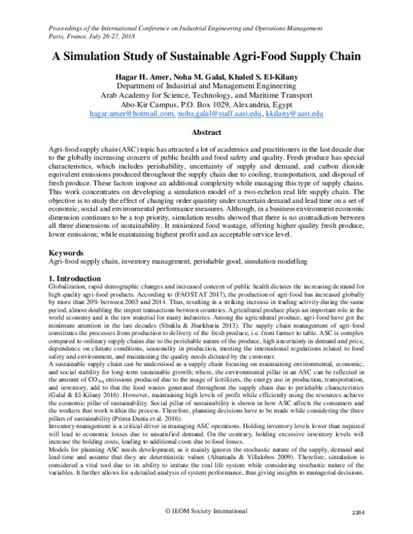 (PDF) A Simulation Study of Sustainable Agri-Food Supply Chain