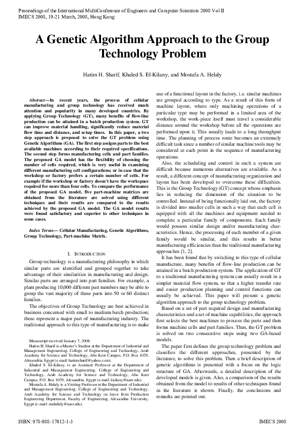 (PDF) A Genetic Algorithm Approach to the Group Technology Problem