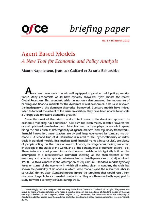 (PDF) Agent Based Models A New Tool for Economic and Policy Analysis: A ...