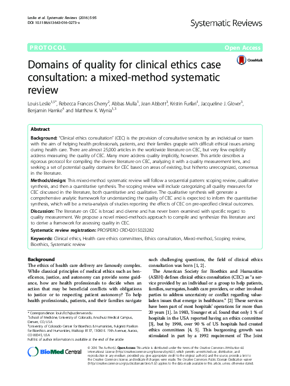 (PDF) Domains of quality for clinical ethics case consultation: a mixed ...