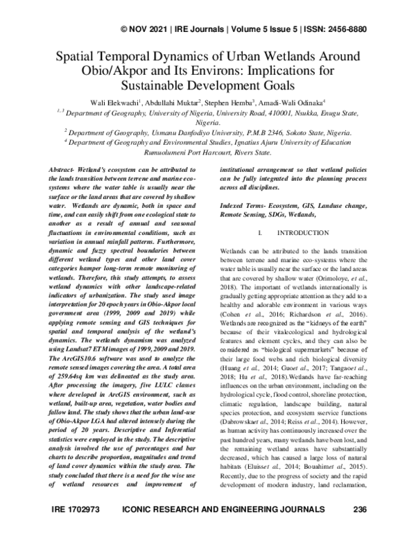 (PDF) Spatial Temporal Dynamics of Urban Wetlands Around Obio/Akpor and ...