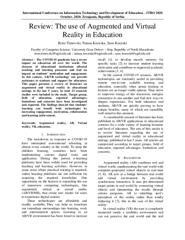 (PDF) Review: The use of Augmented and Virtual Reality in Education