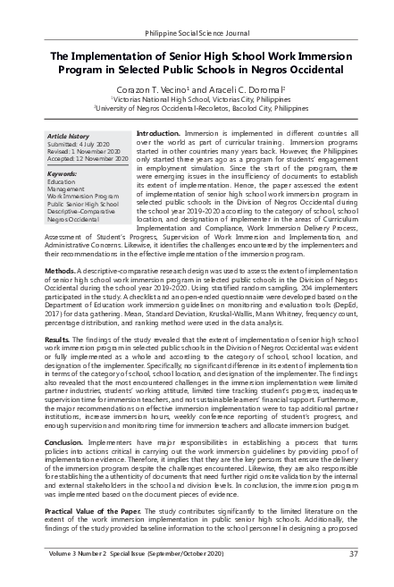(PDF) The Implementation of Senior High School Work Immersion Program ...