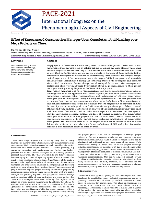 (PDF) Effect of Experienced Construction Manager Upon Completion And ...