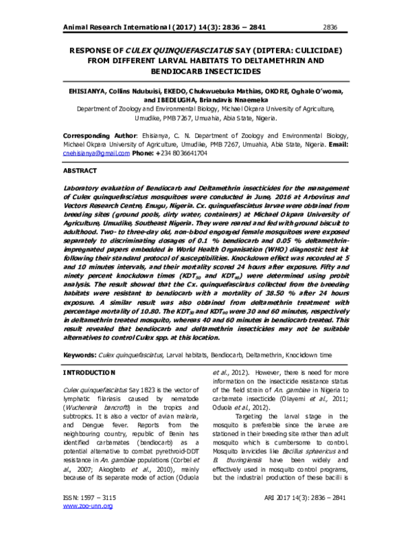 (PDF) Response of Culex Quinquefasciatus Say (Diptera: Culicidae) from ...