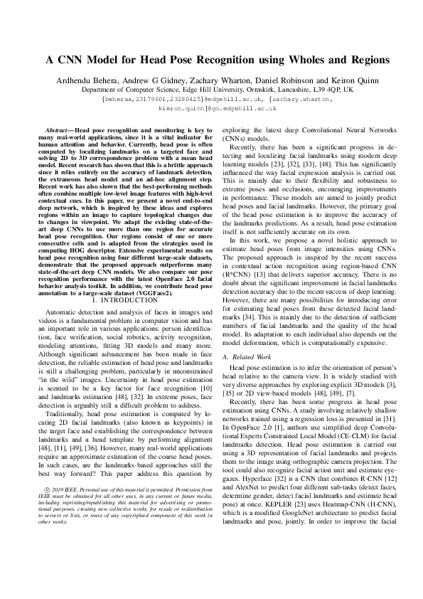(PDF) A CNN Model for Head Pose Recognition using Wholes and Regions