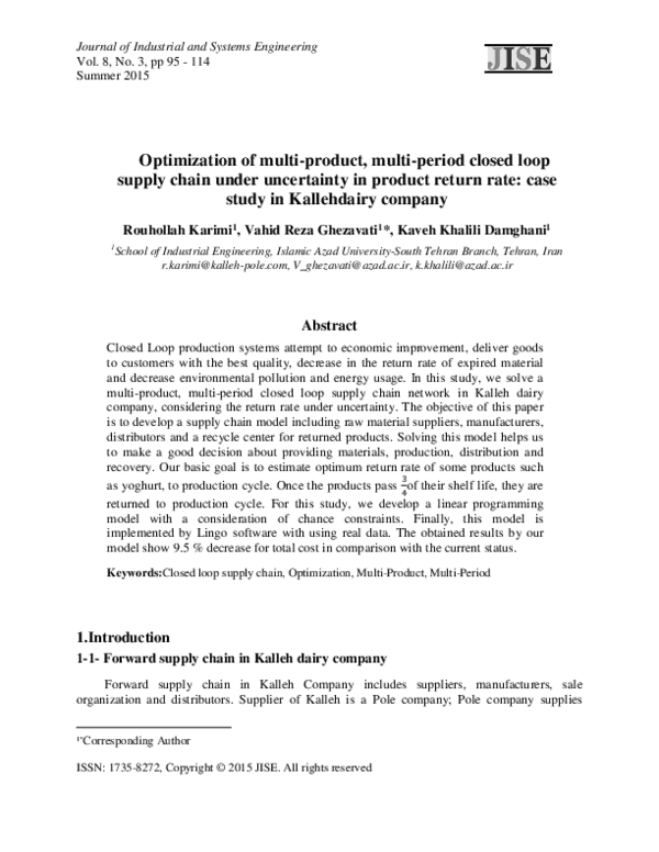 (PDF) Optimization of multiproduct, multiperiod closed loop supply chain under uncertainty in