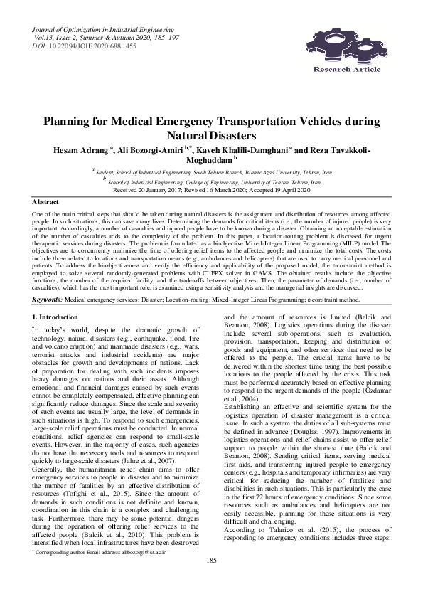 (PDF) Planning for Medical Emergency Transportation Vehicles during Natural Disasters Kaveh