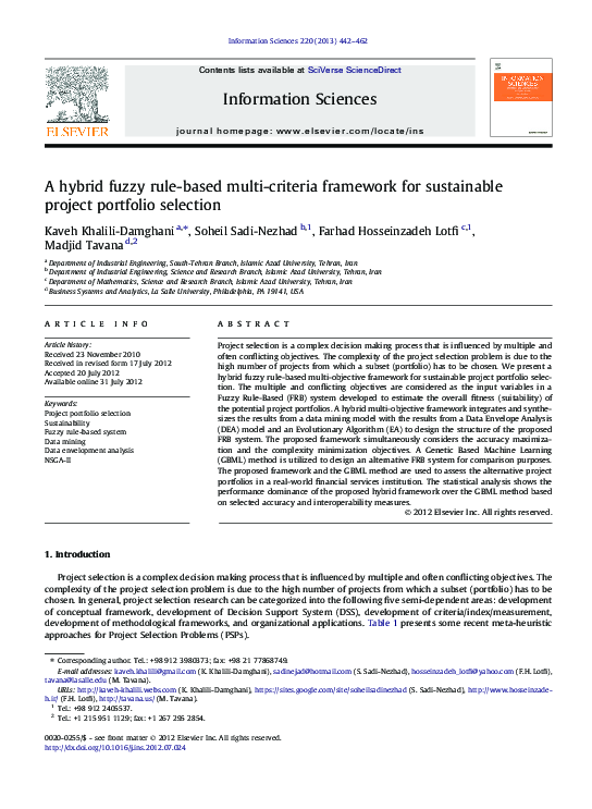 (PDF) A hybrid fuzzy rulebased multicriteria framework for sustainable project portfolio