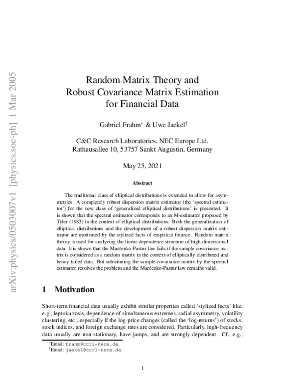 (PDF) Robust Covariance Matrix Estimation for Financial Data