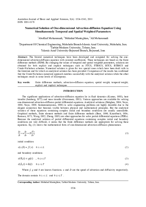(PDF) Numerical Solution of One-dimensional Advection-diffusion ...