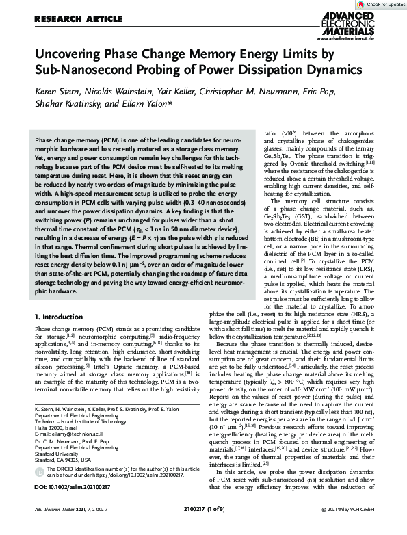 (PDF) Uncovering Phase Change Memory Energy Limits by Sub‐Nanosecond ...