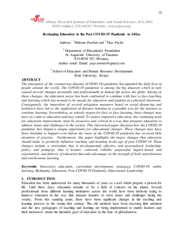 (PDF) Reshaping Education in the Post COVID-19 Pandemic in Africa