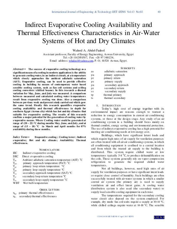 (PDF) Indirect Evaporative Cooling Availability and Thermal ...