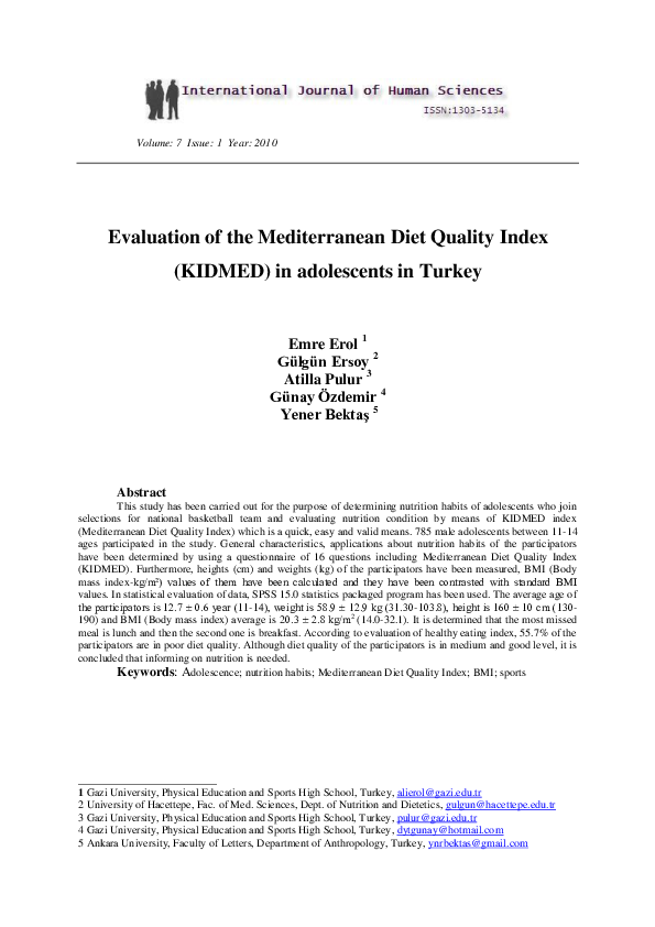(PDF) Evaluation of the Mediterranean Diet Quality Index (KIDMED) in
