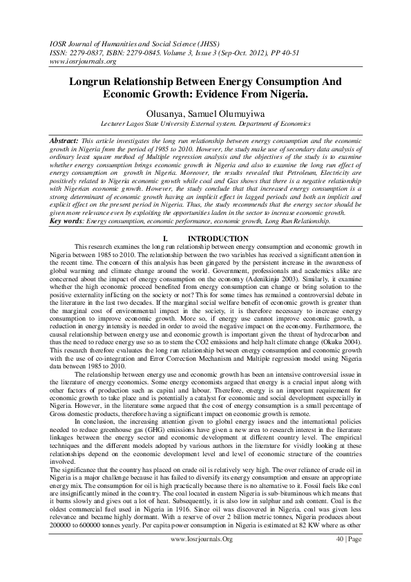 (PDF) Longrun Relationship Between Energy Consumption And Economic ...