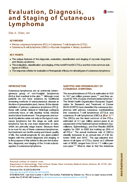(PDF) Evaluation, Diagnosis, and Staging of Cutaneous Lymphoma