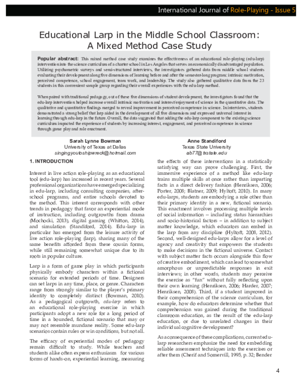  PDF Educational Larp In The Middle School Classroom A Mixed Method