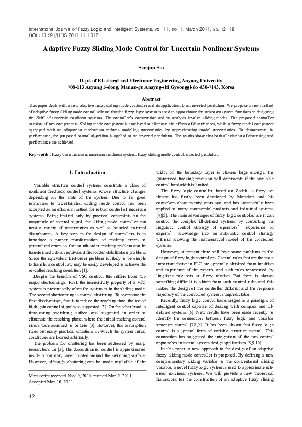 (PDF) Adaptive Fuzzy Sliding Mode Control for Uncertain Nonlinear Systems