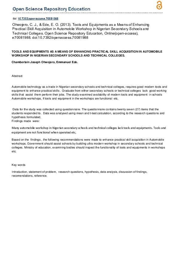 (PDF) Tools and Equipments as a Means of Enhancing Practical Skill