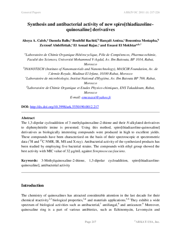 (PDF) Synthesis and antibacterial activity of new spiro[thiadiazoline ...
