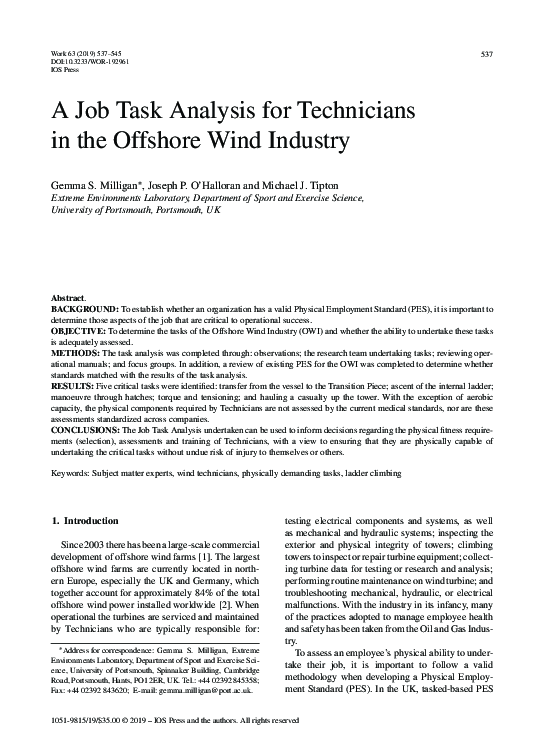 (PDF) A job task analysis for Technicians in the Offshore Wind Industry